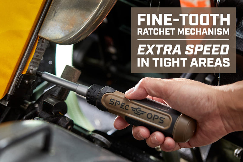 Spec Ops Tools Ratcheting Screwdriver, 12-in-1, Includes 6 Double-Sided S2 Steel Bits, Magnetic, Cr-Mo Steel Shaft, 3% Donated to Veterans Flat Dark Earth/Black Ratcheting, 12-in-1