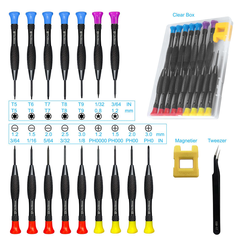 18PCS Mini Precision Screwdriver Set With Case, Lengnoyp Magnetic Small Flathead Phillips Pentalobe Torx Star Screwdriver Set Kit and Tweezers for Repairing Computer Eyeglass Phone Watch 4-color
