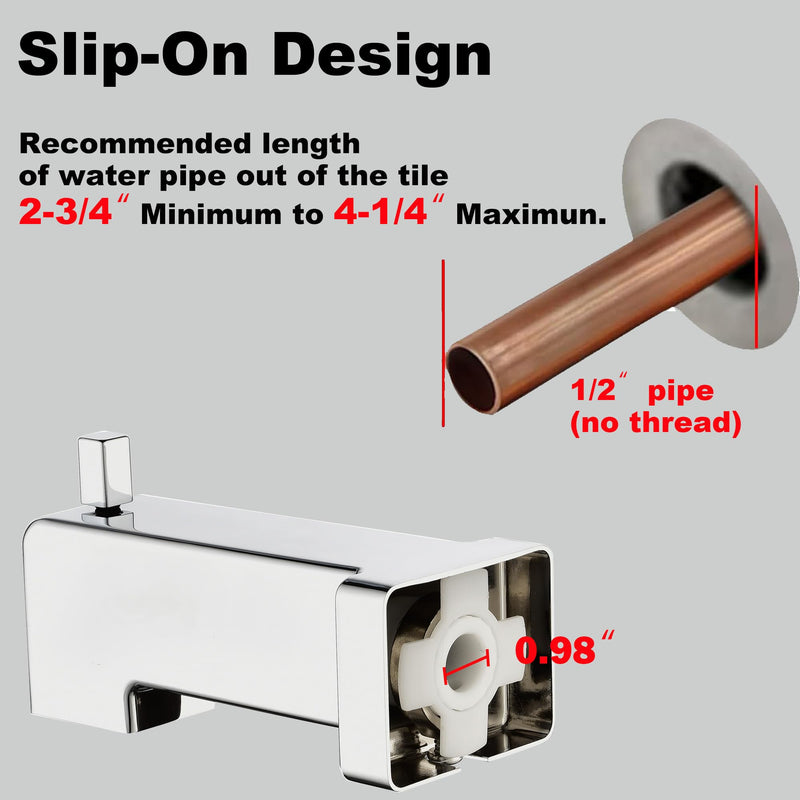 Kedra Bathtub Spout with Diverter, 5.9 Inch Slip-On Diverter Tub Spout, Replacement Bath Tub Faucet for 1/2" Copper Water Tube, Polished Chrome