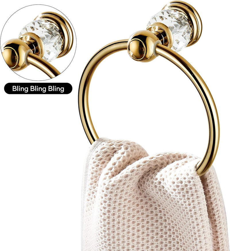 Crystal Towel Ring,Gold Hand Towel Holder Bathroom,Round Hand Towel Rack Wall Mounted Bling Bathroom Accessories Gold a