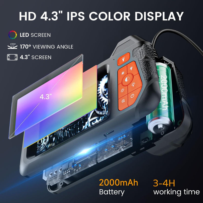 32.8FT Flexible Borescope Camera- 4.3" 1080P HD, IP67 Waterproof Industrial Endoscope Camera for Sewer/Automotive Pipe/Wall Inspection,1pack 1pack