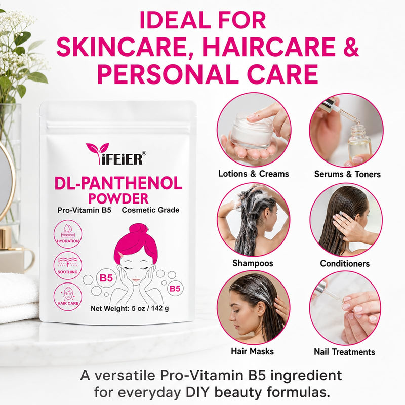 iFEiER Pure DL-Panthenol Powder 5oz (142g) Bulk Size– Cosmetic Grade, Water-Soluble B5 for Skin & Hair Care, Ingredient for DIY Creams, Shampoos & Lotions 5oz (142g)