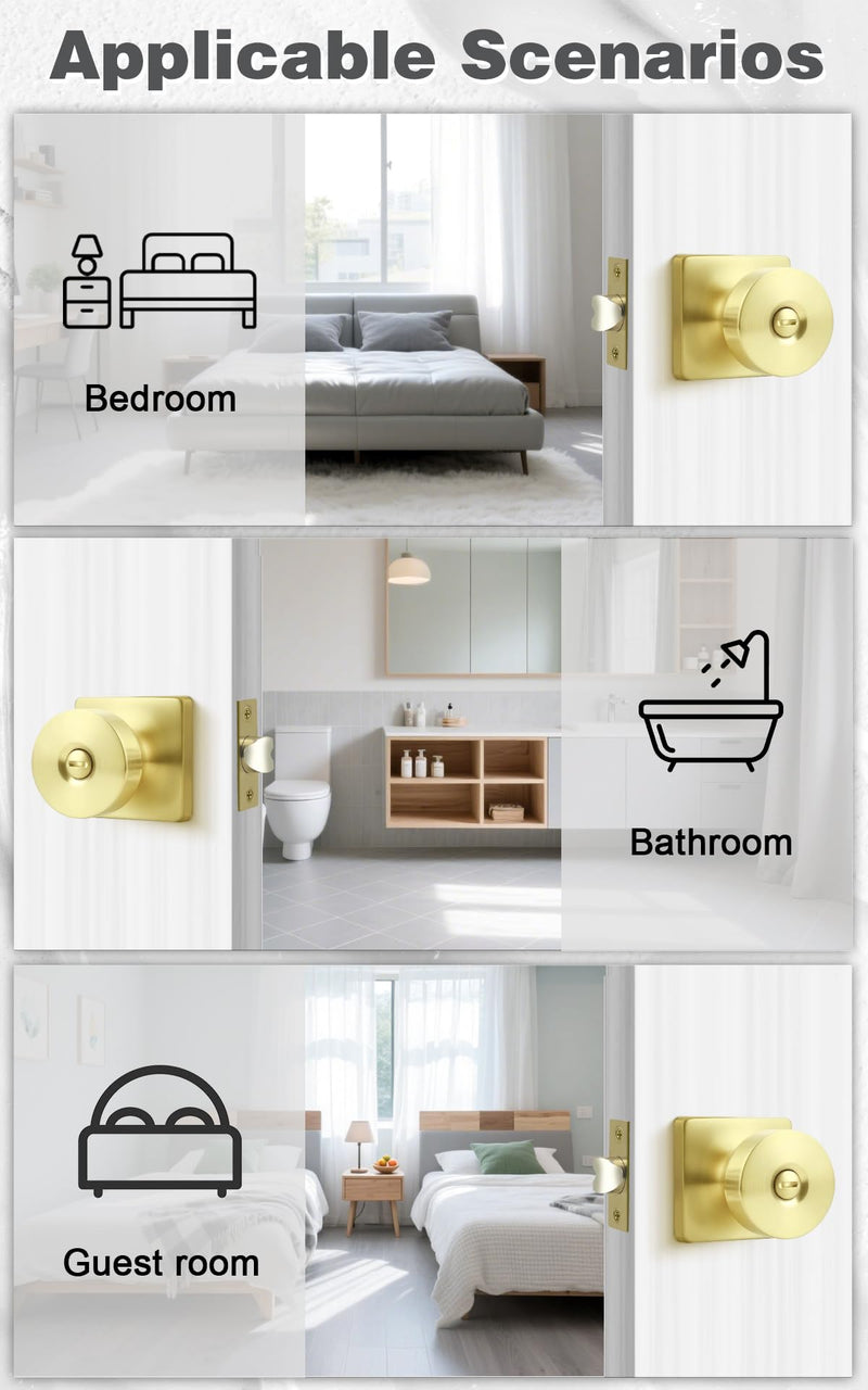 Probrico Bedroom Door Knob Brushed Gold Finish, 2 Pack Standard Size Interior Door Handles with Privacy Locking Function, Square Panel Knob for Bathroom