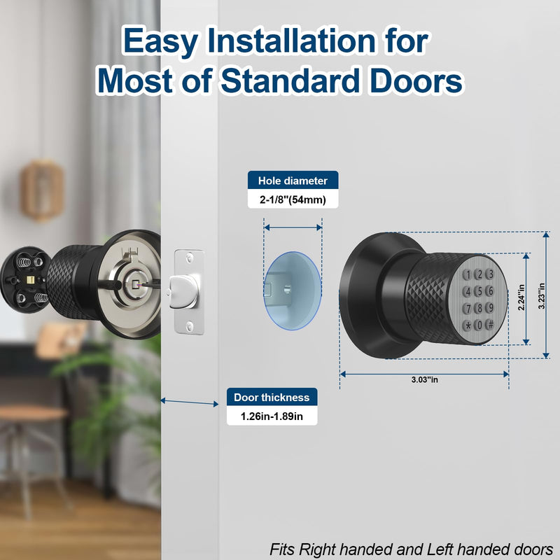 FITNATE Door Knob with Keypad,Digital Door Lock for Keyless Entry,Electronic Door Lock with Spare Keys,Auto Lock, Anti-Slip Handle, Easy to Install for Bedroom,Home and Office Black