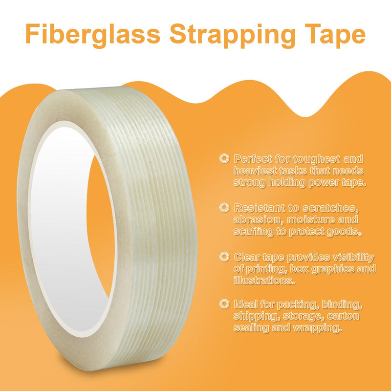 Filament Strapping Tape 2 Roll 1 Inch x 27 Yards 5.5 Mil Heavy Duty Reinforced Packing Tape Transparent Reinforced Adhesive Fiberglass Tape for Packing Sealing Binding 2PACK: 1 in X 27 yds