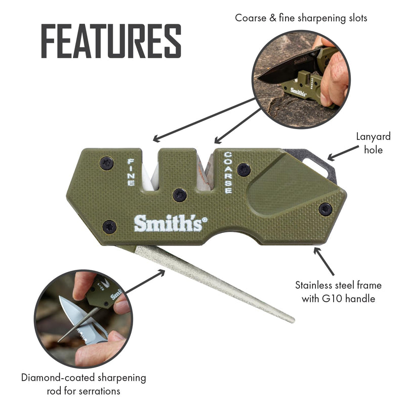 Smith’s Pocket Pal Tactical Knife Sharpener - 2 Stage Sharpener & Diamond Sharpening Rod - Pocket Clip - Outdoor Hunting Knife & Hook Sharpener - Compact & Lightweight PP1-Mini Tactical (OD Green)