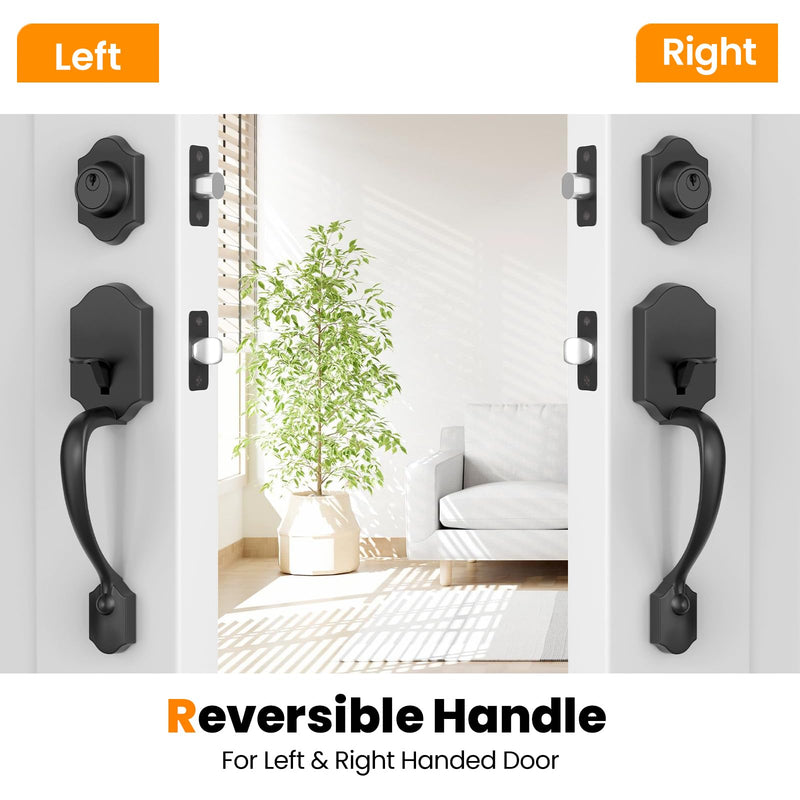 HOSOM Matte Black Front Door Handle with Deadbolt, Door Handle Exterior, Door Lock Set, Door Lever with Single Cylinder Deadbolt Reversible for Right and Left Handed