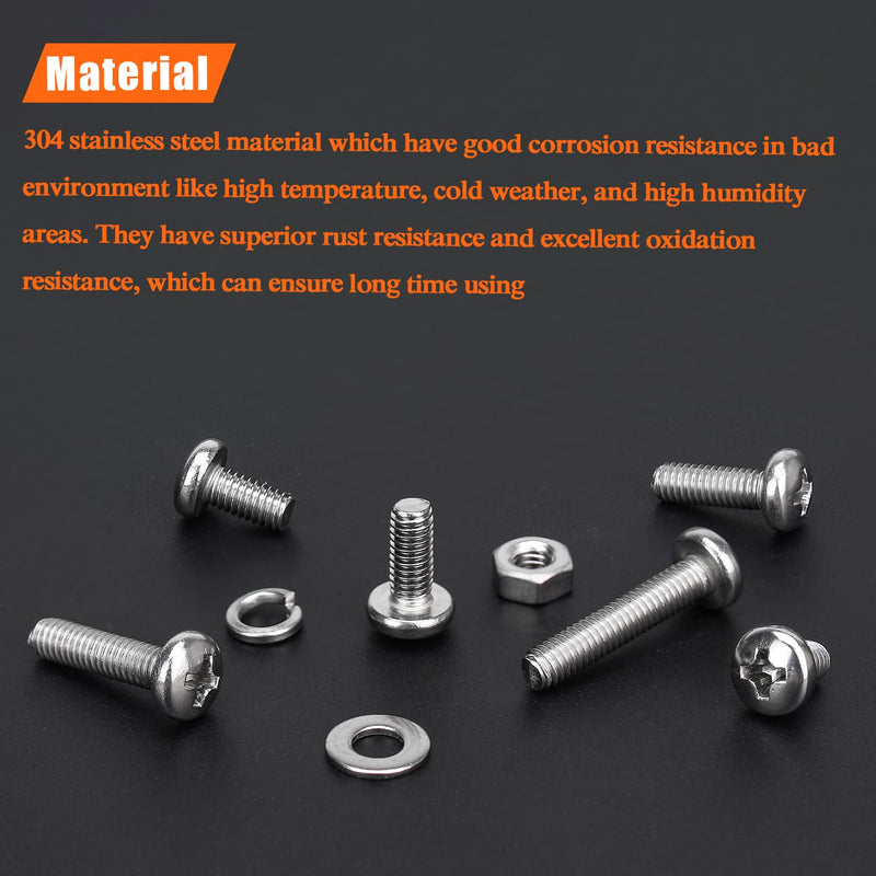 380 Pieces M4 x 5mm /6mm /8mm /10mm /12mm /16mm /20mm, Phillips Pan Head Machine Screws, Metric Screws Bolts Washers Nuts Kit, 304 Stainless Steel