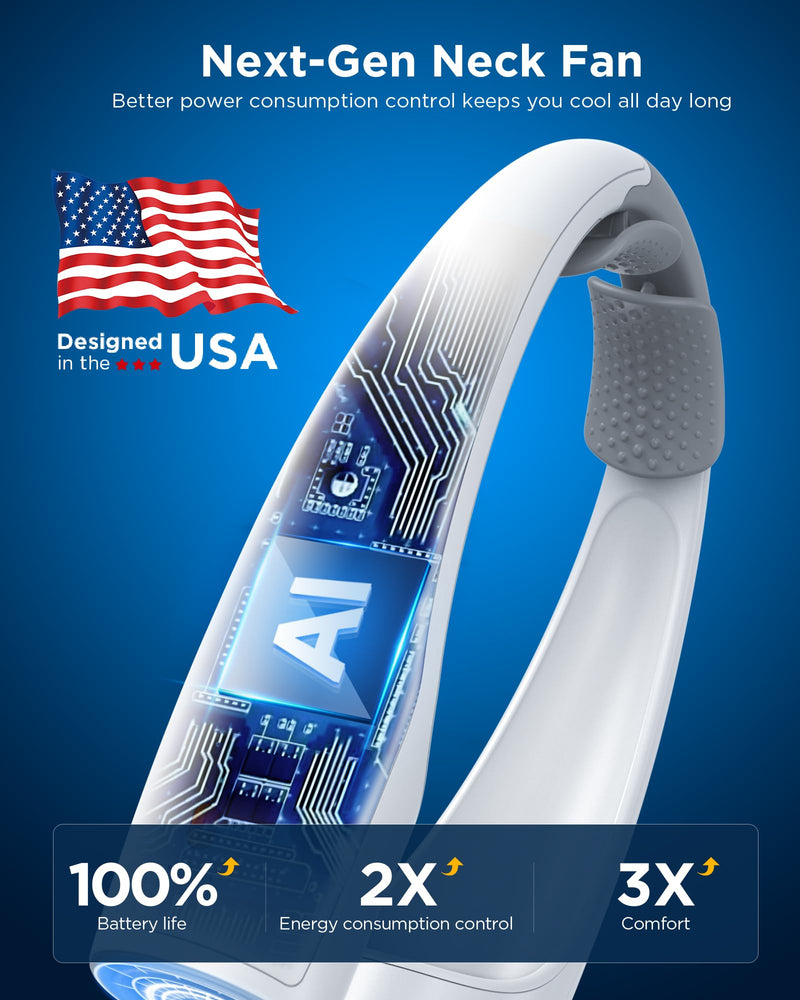 AI Neck Fan, 4 Speeds Adjustable Portable Personal Fan Rechargeable, 4000 mAh Battery Faster Cooling Wearable Fan, Ultra Quiet for Home, Office, Travel, Outdoor White