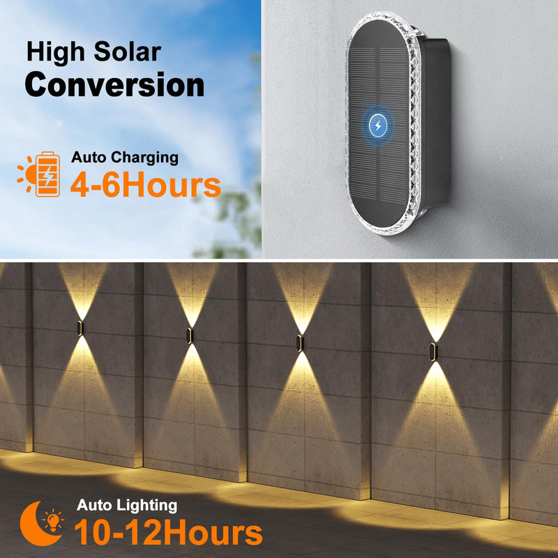 Ellasay Solar Fence Lights Outdoor,6-Pack Solar Powered Wall Lights Up and Down Waterproof IP65,3 Color Brighter LED Focus Lens SolarLights Dusk to Dawn 12h for Patio,Backyard,Porch,Railing 3000/4000/6000K 6 Pack