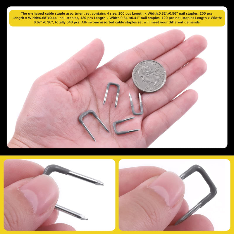 540 Pcs Insulated U Staple Nail Assortment Set with Storage Case, 0.56", 0.44“, 0.41", 0.36" Metal Cable Staple for Fixing Electrical Wire