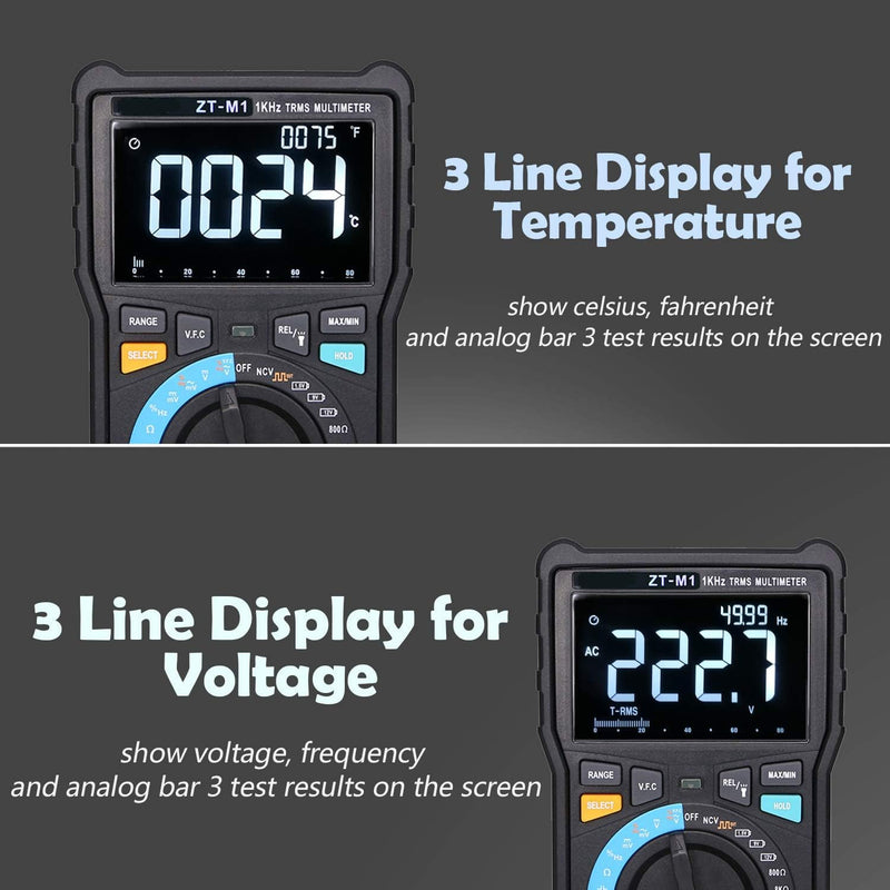 Auto Ranging Digital Multimeter TRMS 6000 with Battery Alligator Clips Test Leads AC/DC Voltage/Account,Voltage Alert, Amp/Ohm/Volt Multi Tester/Diode (ZT-M1) ET826