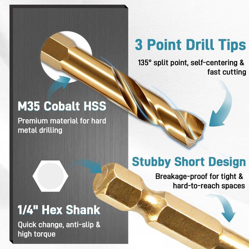 7Pcs Cobalt Stubby Drill Bit Set M35 HSS 1/4" Hex Shank 3/32"-3/8" | Short Drill Bits for Wood Plastic Hardened Steel Stainless Steel 135° Split Point Heavy Duty Hex Shank Drill Bit Set