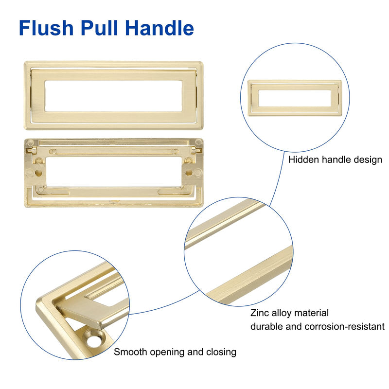 uxcell 4 Pcs Flush Pull Handle, 3.8 Inch Hole Center Hidden Recessed Furniture Grip Cabinets Door Square Pull Ring Handles with Screws for Drawers Cupboard, 4.5 Inch Length, Gold 3.8"