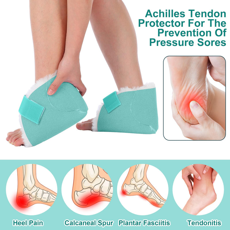 2 Pcs Heel Protectors for Pressure Sores Sheepskin Heel Pads Soft Foot Cushions Pad Protectors Adjustable Foot Pillows with Securing Strap for Bed Sore Ankle Ulcers(Teal) Teal