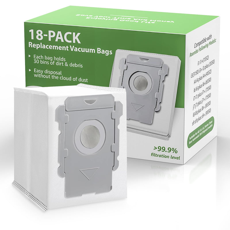 18 Pack Vacuum Bags for iRobot Roomba i7, i7+, i7Plus, i8, i8+, i3, i3+, i4, i4+, i6, i6+, s9, s9+, s9Plus, i and s Series Clean Base Automatic Dirt Disposal Bags 18 Pack