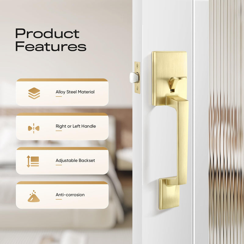 Leydebong Brushed Brass No Lock Front Door Handle Set with Reversible Lever - Exterior Door Handle Set for Right or Left Handed Doors, Front Door Handle Satin Brass