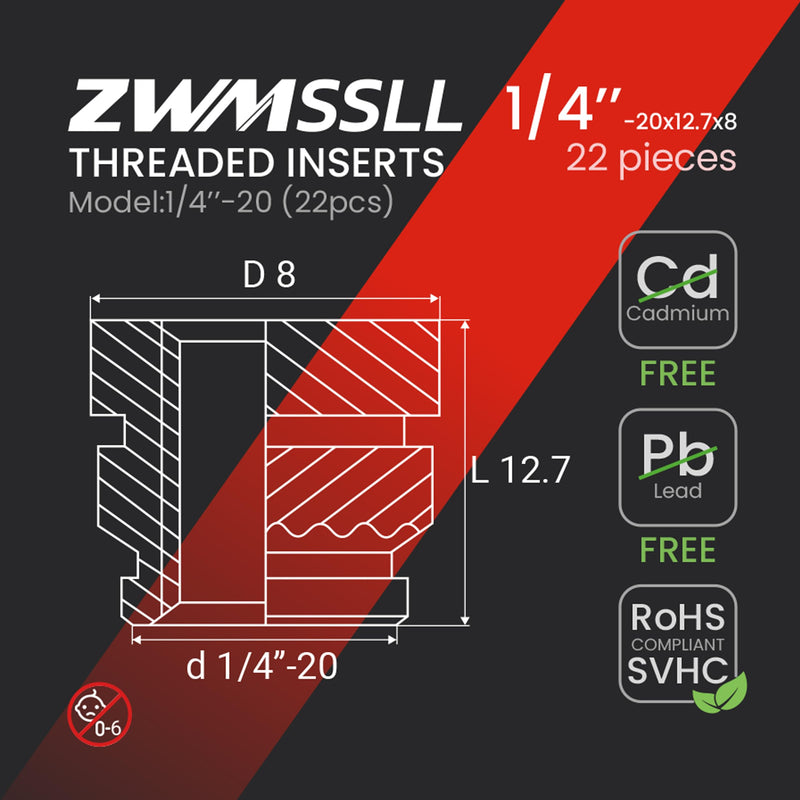 1/4'' Threaded Inserts,1/4-20 Heat Set Insert,22 Pieces 1/4 20x12.7x8 Knurled Nuts,Brass Threaded Inserts for Plastic and 3D Printing Components 1/4''-20 (22pcs) UNC Threaded Insert