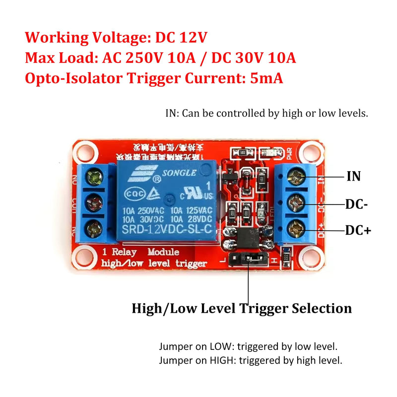 10 PCS 12V 1 Channel Relay Module with Optocoupler Isolation, Relay Board with High/Low Level Trigger Jumper, 250V/10A AC or 30V/10A DC Load, Fault-Tolerant Design 1 Channel 12V-10Pcs