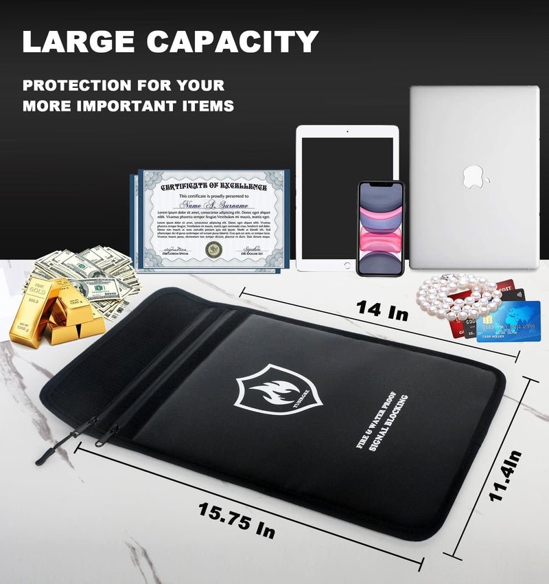 6200°F Upgraded Fireproof Document Bag, 15.7" x 11.4" Faraday Bag, Water Resistant Fireproof Money Bag with Zipper, 18 Layers of Heat Insulated Materials, RFID Blocking Bag, Anti-Theft Anti-Tracking Black Large
