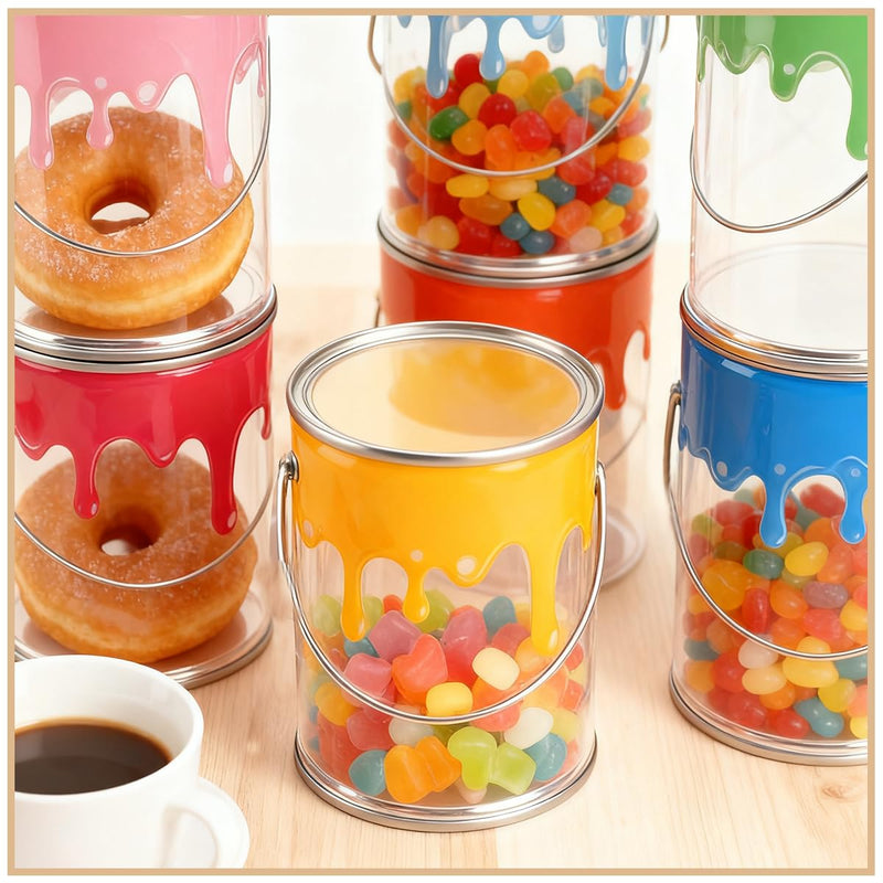 24 Pcs Plastic Empty Paint Cans Buckets with Metal Lids,PVC Mini Paint Bucket Craft DIY Candy Decoration for Parties,Candy,Picnics and Decorations（2.75" L x 2.75" W x 3.54" H）