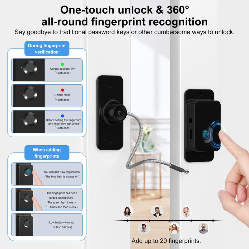 Fingerprint Fridge Lock - Child & Pet Proof Security for Drawers, Cabinets, Ovens, Toilet | Smart Biometric& USB Key | Easy Install | Quick Unlock (Black, 1 Pcs) Black