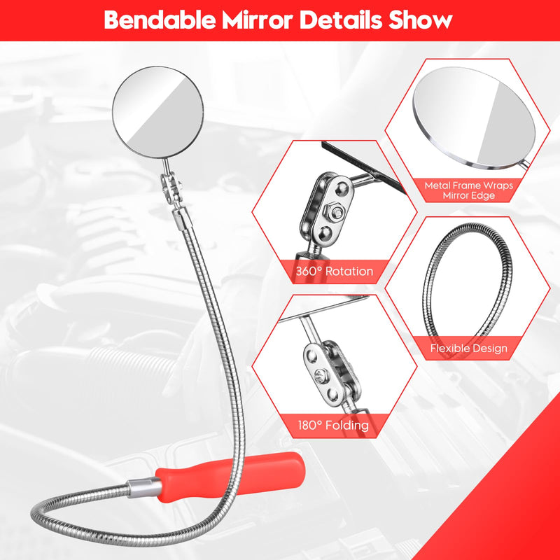 2 Pcs Inspection Mirror, Mechanics Mirror Tool with Long Handle, Round Extendable Mirror on a Stick & 360 Rotation Bendable Circular Mirror for Technicians Mechanics Contractors Checking Observation Black/Orange