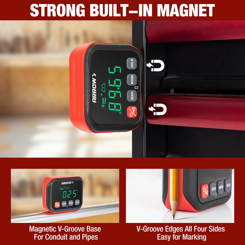 ARROW Digital Angle Gauge with Magnetic Base for Table Saw, Woodworking, Pipe Installation, ±0.1° Accuracy Angle Finder with Calibration, Dual Range, Auto-Rotating LCD Display with Audible Indicator