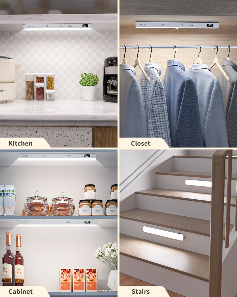WILLED Under Cabinet Lights Rechargeable, Battery Display, 60 LED Touch Light Bar, Motion Sensor Light Indoor, Battery Operated Closet Light Wireless, Stick on Under Counter Lights for Kitchen(2 Pack) Cool White 6000K 2 Pack