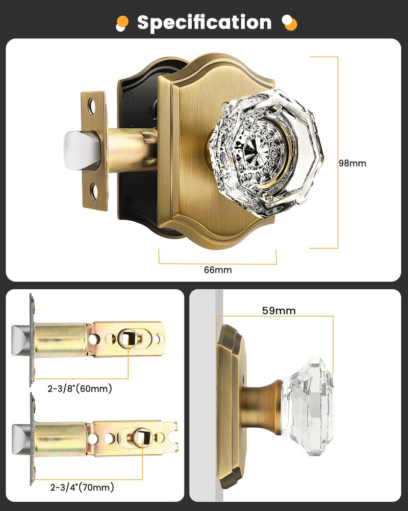 Gobrico Transparent Glass Door Knobset Interior,Privacy Diamond Crystal Door Lockset in Antique Brass,Keyless for Interior Bath/Bed,Push Pin Button Inside Lock?1 Pack 1