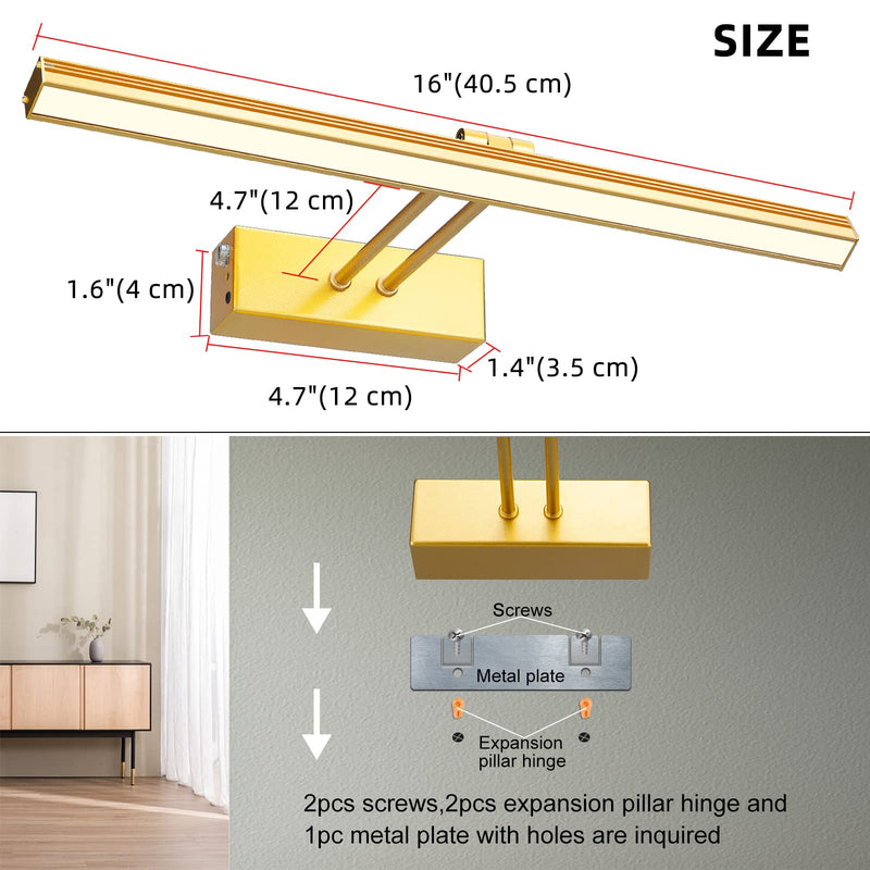 FUNCHDAY Picture Light,5000mAh Battery Operated Picture Light for Wall,Wireless Remote Painting Light with Timer and Dimmable,16”Metal Art Light for Display,Artwork,Portrait,Gallery-Gold Gold 16"