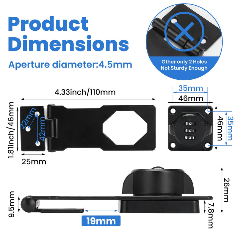 Keyless Cabinet Lock with Combination Code - 3-Digit Password Hasp Latch Lock for Drawers, Bifold Closet Door and Double Sided Door (Black, 4.5 Inch, 2 Pack) Black