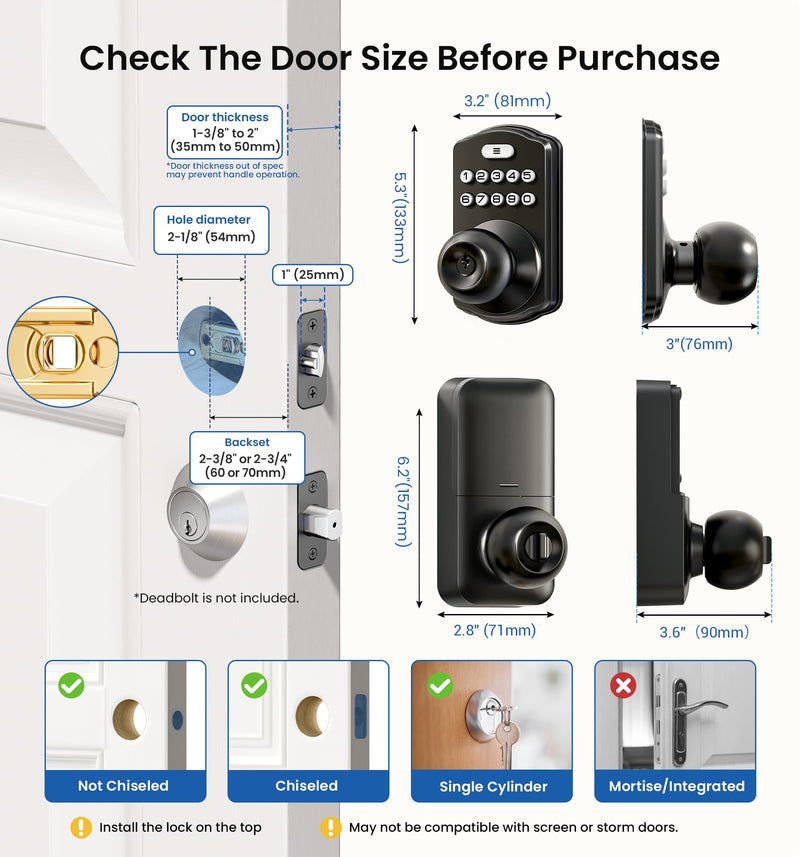 Veise Keypad Door Knob Lock, Keyless Entry Digital Lock with Handle, Electronic Knob for Front Door & Bedroom, Easy Installation, Auto-Locking, Passage Mode, Matte Black