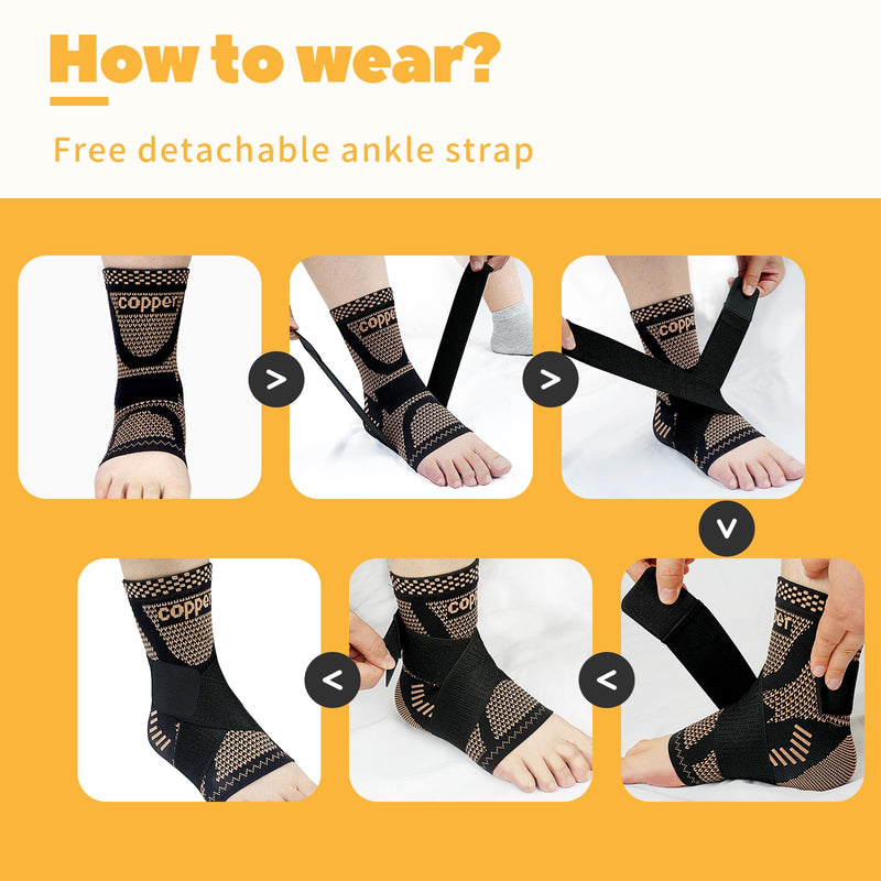 JIUFENTIAN Copper Ankle Brace Adjustable Compression Sleeve (Pair)-Ankle Support Heel Brace for Achilles Tendonitis, Plantar Fasciitis-Eases Swelling and Sprained Ankle(Large) Large Copperblack