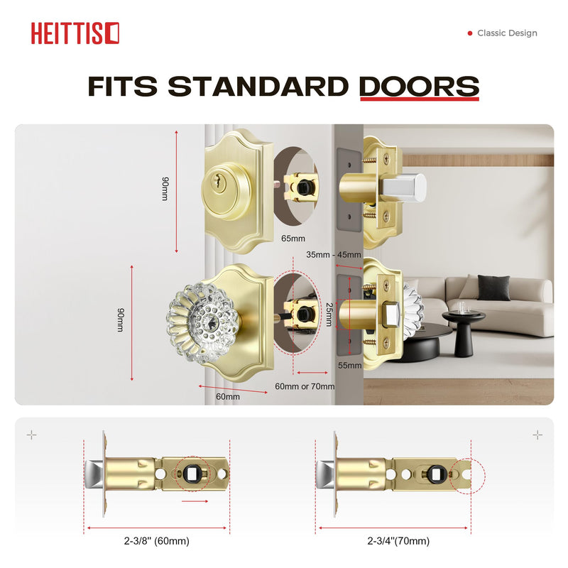 1 Pack Brass Combo Sets, Modern Gold Crystal Door Knobs Interior with Single Cylinder Deadbolt,Satin Brass Finished Deadbolt Set-1pack Satin Brass