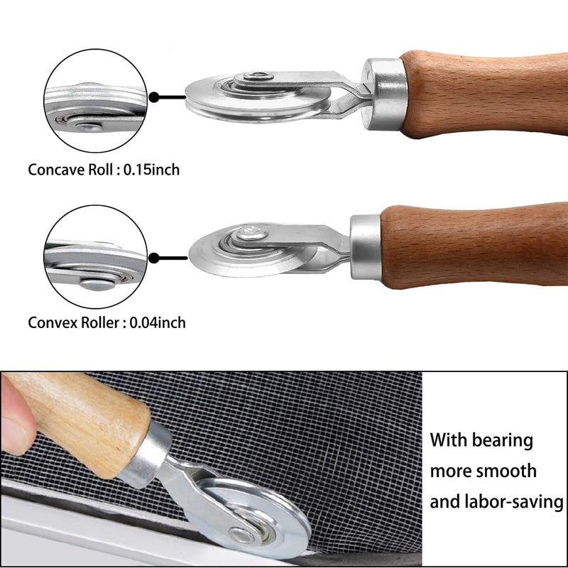 BAYTORY 3Pcs Screen Tool, Window Screen Spline Roller Tool with Wooden Handle and Steel/Nylon Bearing Wheels, Mesh Screen Door Repair Kit Easy to Use Steel and Nylon