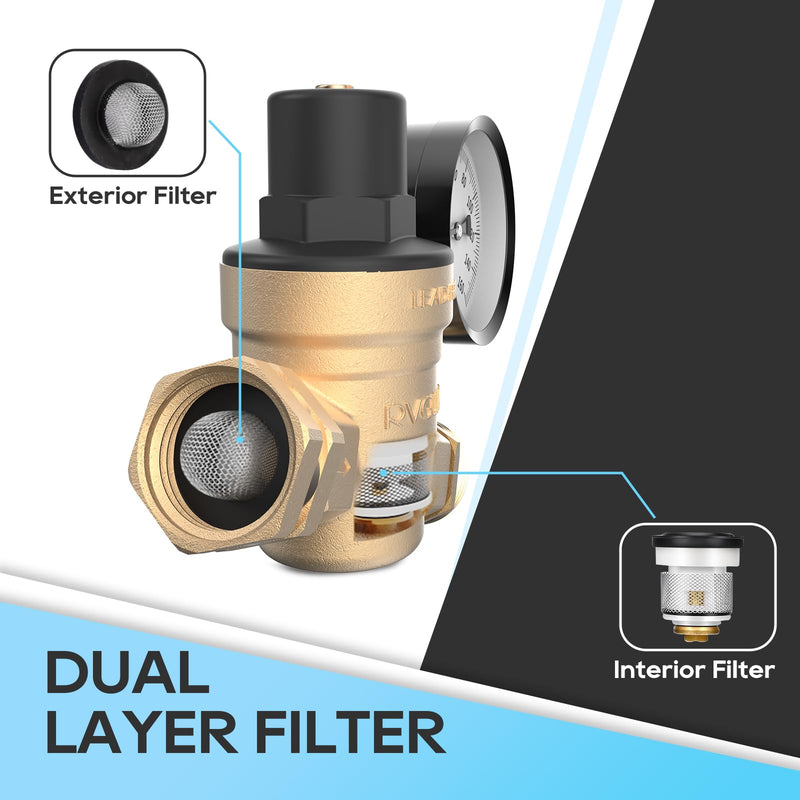 RVGUARD RV Water Pressure Regulator Valve, Lead-Free Brass Adjustable Water Pressure Reducer with Gauge and Inlet Screen Filter for RV Camper Travel Trailer