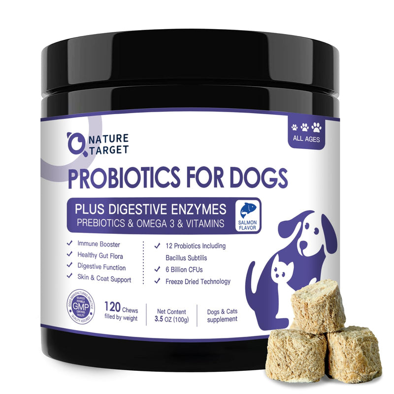NATURE TARGET Probiotics for Dogs, 6 Billion CFUs Dog Probiotics for Digestive Health with Prebiotic and Digestive Enzymes, Rich in Omega 3 and Vitamins for Skin & Coat, Salmon-Flavored - 120 Counts 120 Count