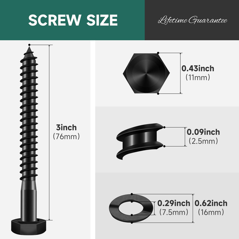 (20Sets) 1/4" x 3" Hex Head Lag Bolts, Heavy Duty Lag Screws with Washers, 304 Stainless Steel, 1/4 Bolt for Wood, Partial Thread, Black Oxide 1/4" x 3" 20