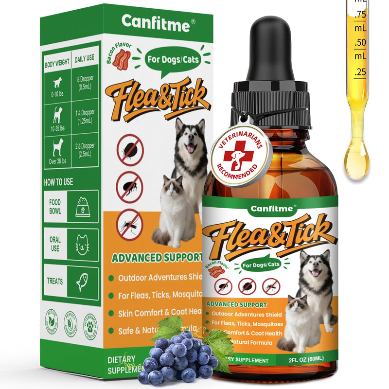 Natural Oral Flea and Tick Prevention for Dogs and Cats, Bacon Flavor Liquid Drops with Multivitamin-Flea and Tick Treatment and Defense Supplement for Pets of All Breeds and Ages