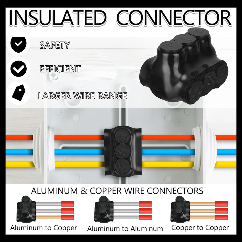 5 Pack Black Multi Cable Connector Insulated Multi Tap Connector 3 Wire Port Splice Dual Sided Entry Prefilled with Oxide Inhibitor (2/0-6awg) 5 2/0-6AWG