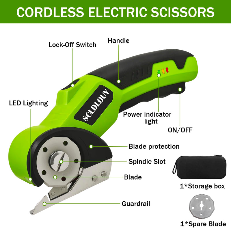 High-Speed Cardboard Cutter, Cordless Rechargeable Electric Scissors with Safety Lock and LED Light, Rotating Blade for Cardboard Fabric Carpet (green) Green