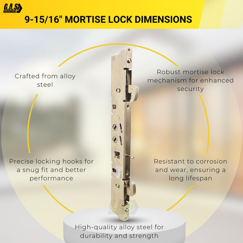 Alloy Steel Dual Point 9-15/16" Mortise Lock with 10-1/8" Faceplate for Sliding Patio Glass Door | Multi Point Locking Mechanism Replacement - Fix and Repair Door Hardware Security 9-15/16" Mortise Lock and Faceplate