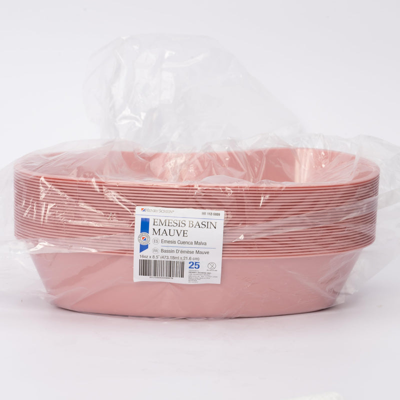 Emesis Basin Kidney Plastic Mauve 16oz - Reusable Plastic Kidney-Shaped, Mauve Color, 16oz Volume, 8-1/2" Primary Length, Disposable, 25/Box