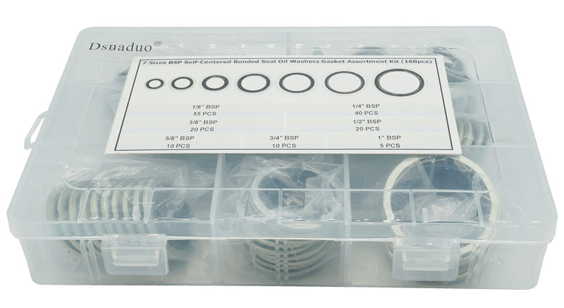 160Pcs, 7 Sizes BSP Dowty Self-Centered Bonded Seal Oil Washers Gasket Assortment Kit Replace 32300 with Box (1/8, 1/4, 3/8, 1/2, 5/8, 3/4, 1), for Automotive, Bearings, Pumps