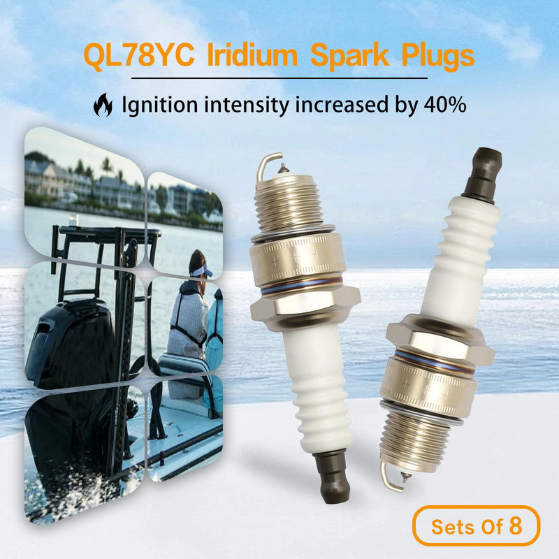 8PCS Iridium Spark Plugs Fit for Johnson Evinrude Mercury Marine Outboard Engines, Replacement for QL78YC, 938M