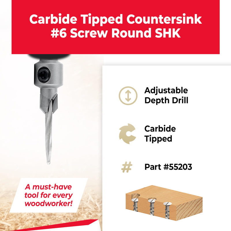Amana Tool Carbide Tipped Countersink Drill Bit, 55203, 6 Screw, 5/16 Dia x 1/8 Drill Dia x 5/16 Round Shank