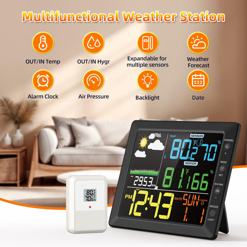 DOOMAY Weather Stations Wireless Indoor Outdoor Thermometer Monitor,Display Digital Hygrometer with Alarm,Barometric Pressure,Forecast Station with Calibration Temperature and Humidity Function