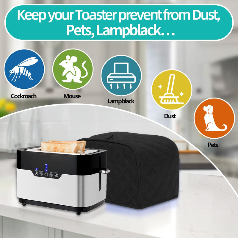 Polyester Fabric Quilted Four Slice Bread Toaster Cover Bakeware Protector, Dust and Fingerprint Protection- Best Gift for Mother, Black