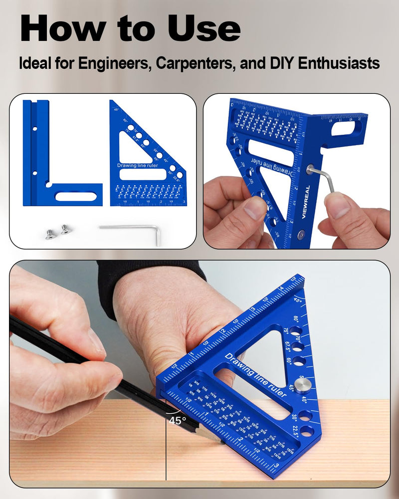 3D Multi-Angle Aluminum Alloy Woodworking Square Ruler, 22.5-90 Degree Protractor, High Precision Miter Triangle Ruler for Engineers, Carpenters, and Craftsmen Blue